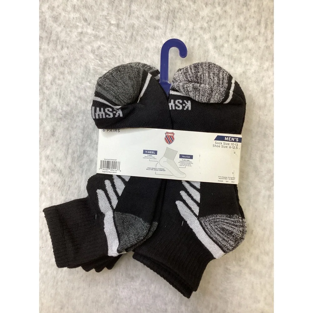 K-Swiss‎ Mens 6 Pair Performance Quarter Socks Black Grey Shoe Size 6-12.5 NEW